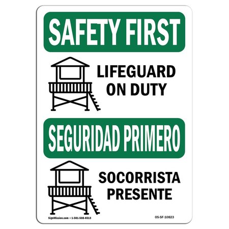 SIGNMISSION OSHA SAFETY FIRST Sign, Lifeguard On Duty Bilingual, 14in X 10in Decal, 10" W, 14" L, Landscape OS-SF-D-1014-L-10823